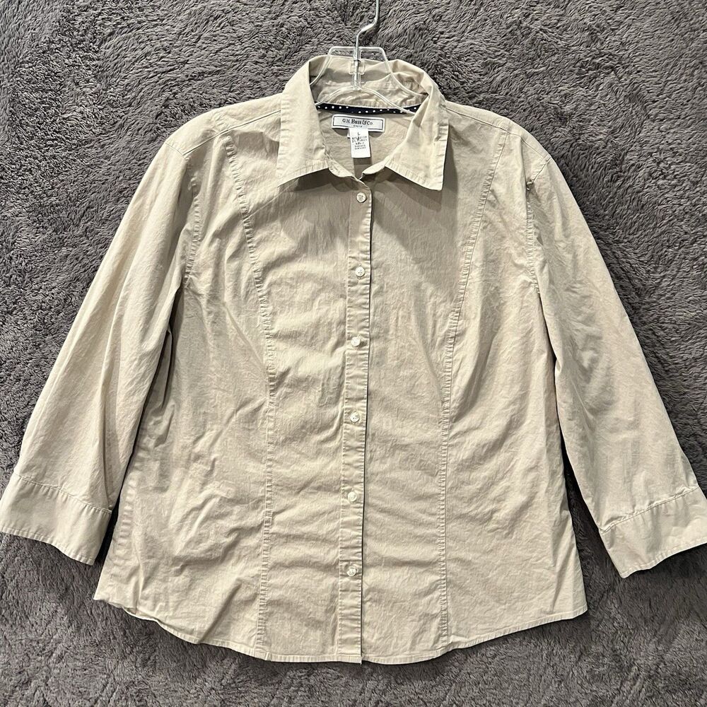 G.H. Bass & Co. Women’s Stretch Button-Up Shirt Beige Cotton Size L